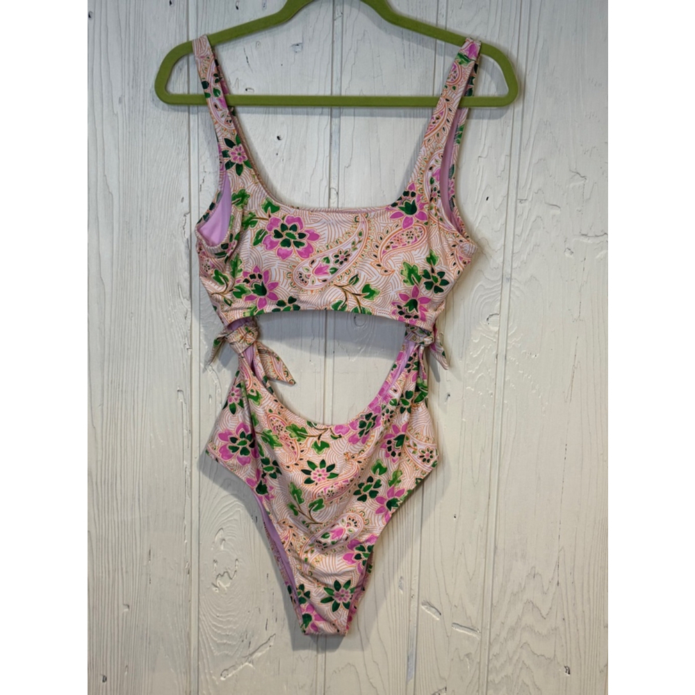 Aerie Cut Out One Piece Paisley Pink ams Green Swimsuit, Size L